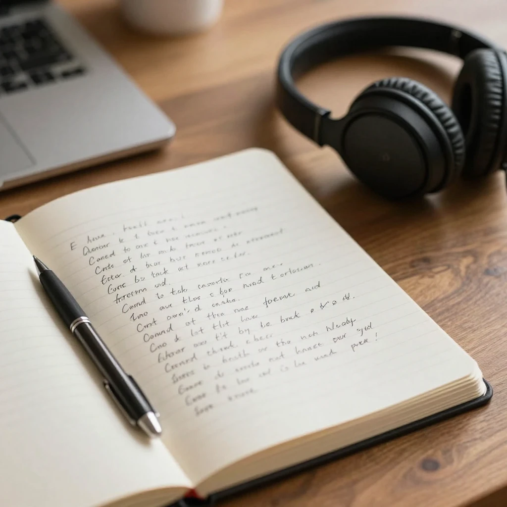 A creative space with a notebook open to handwritten lyrics,...