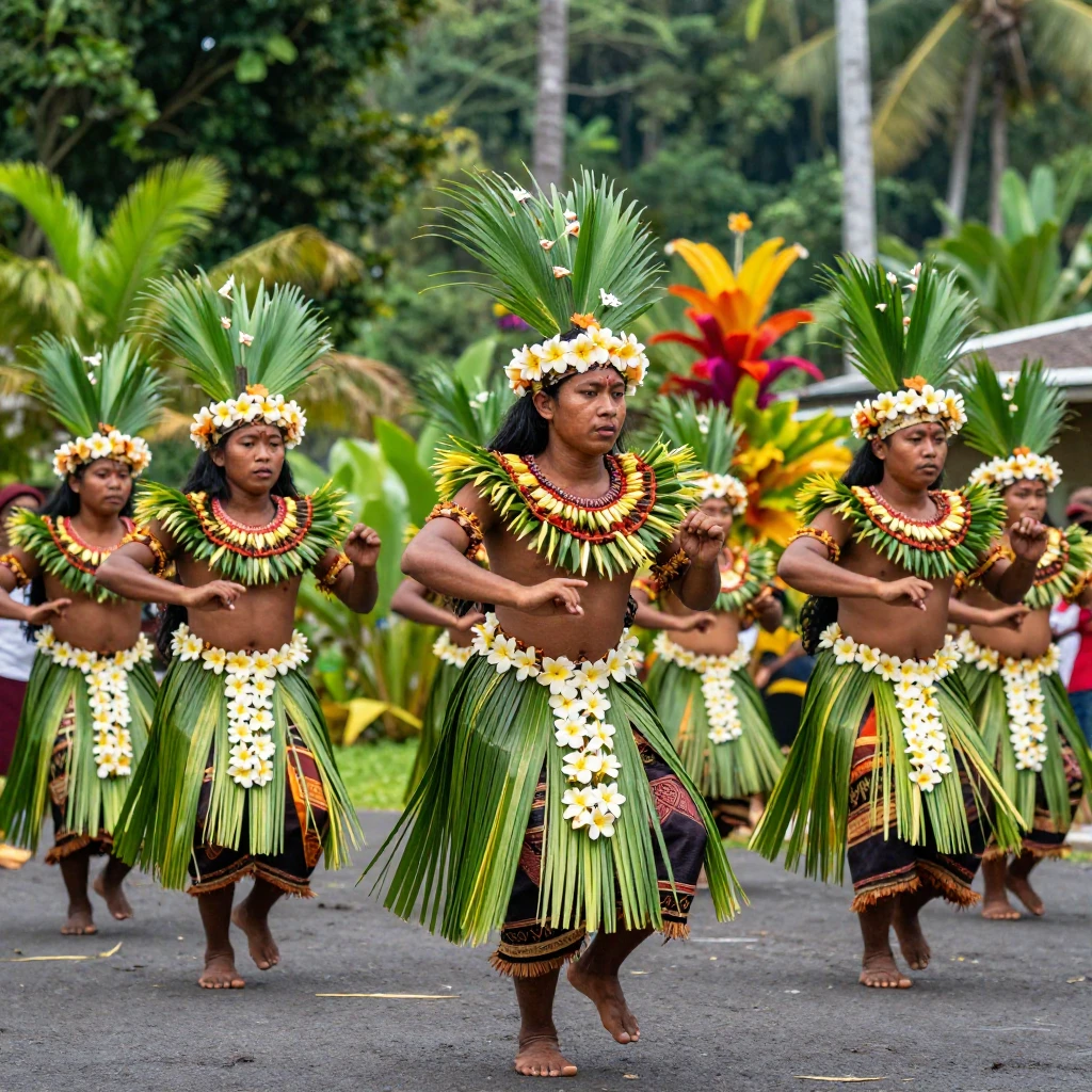 A group of Papuan dancers in traditional festive attire craf...