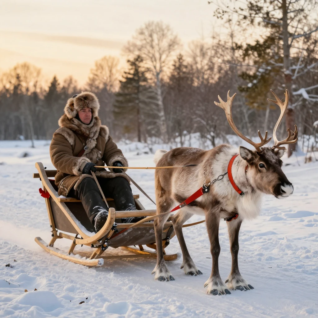 Traditional wooden sled pulled by reindeer, authentic fur wi...