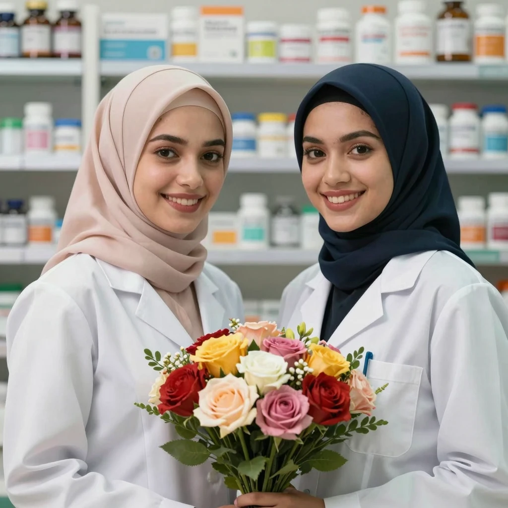 Two beautiful young women wearing elegant hijabs and white m...