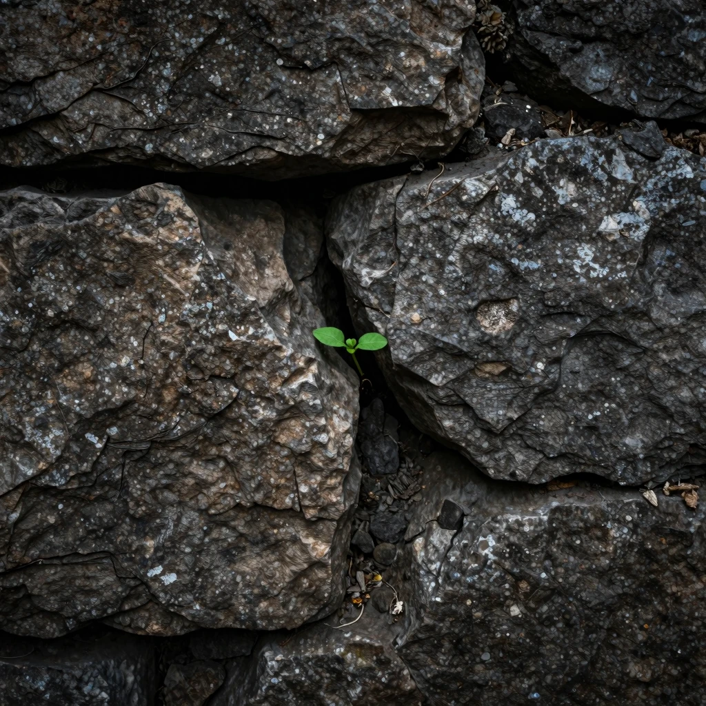 Close-up of a rough stone wall with a single small green spr...