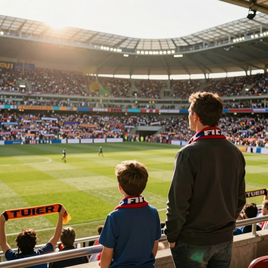A majestic cinematic scene of a sun-drenched football stadiu...