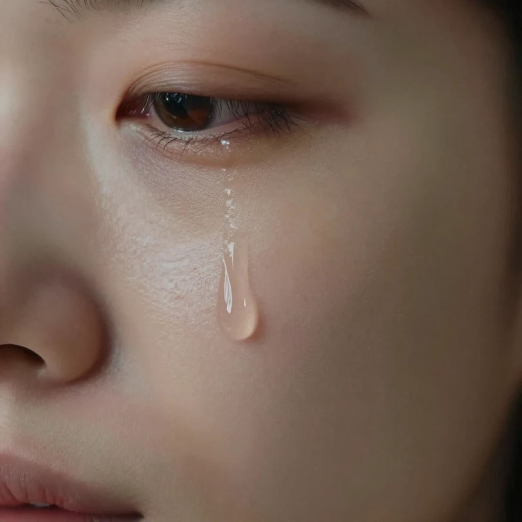 A close-up of a single tear rolling down a cheek, reflecting...