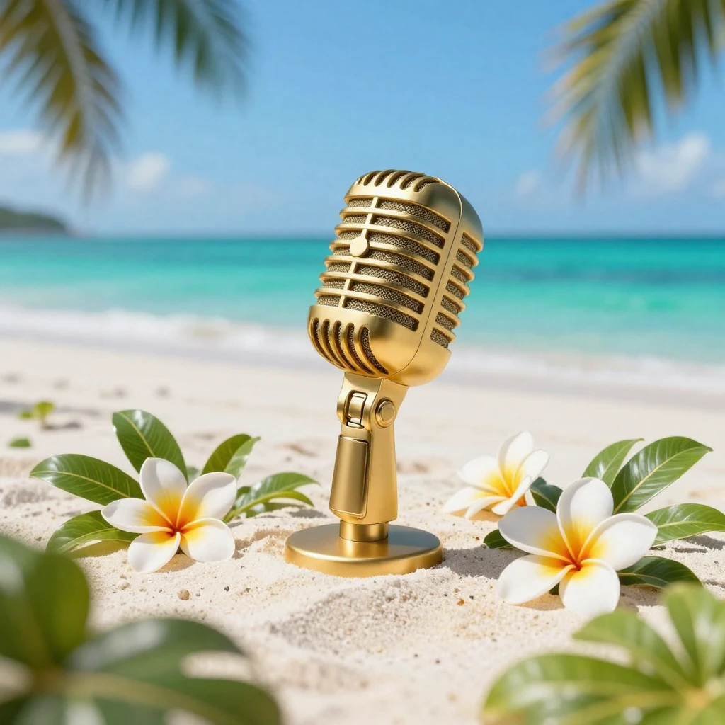 An artistic depiction of a golden microphone nestled among l...