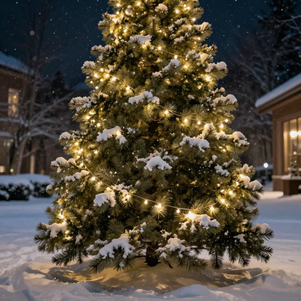 A festive holiday greeting image with a decorated pine tree,...