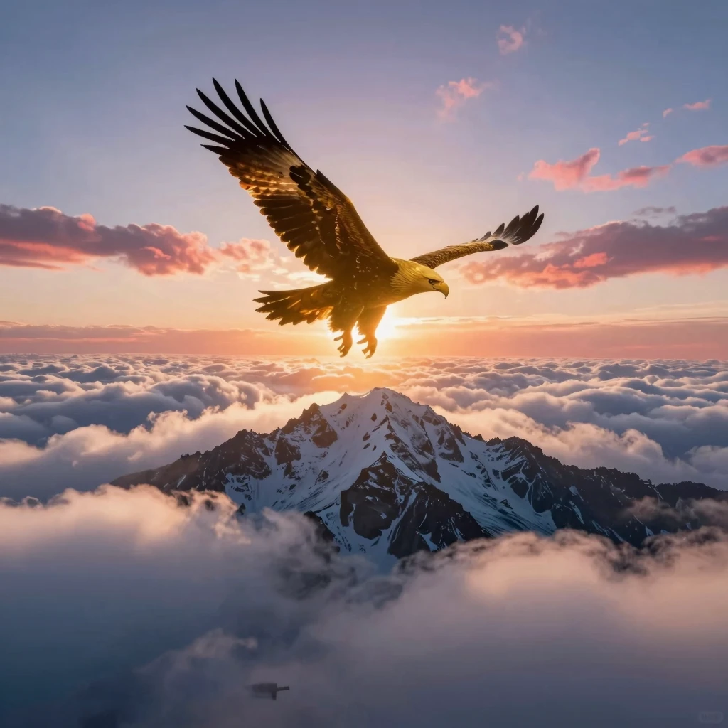 Artistic aerial perspective above clouds, snow-capped mounta...