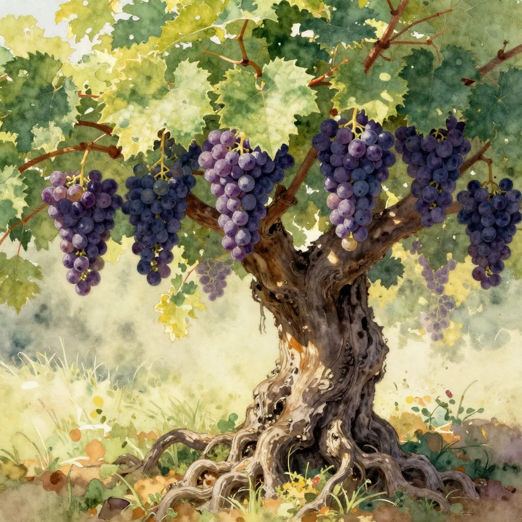 A majestic ancient grapevine with thick, gnarled roots and l...