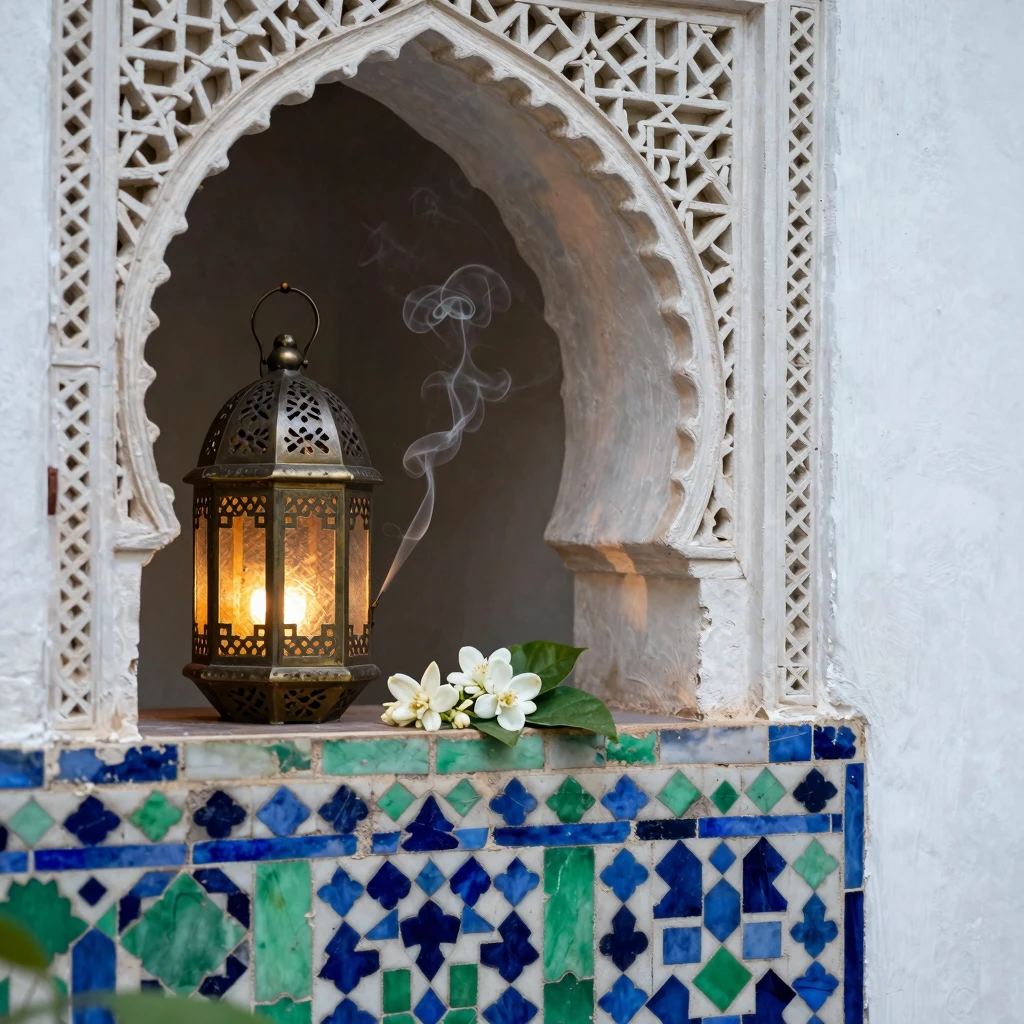 Close-up of intricate zellij tile patterns in blue and green...