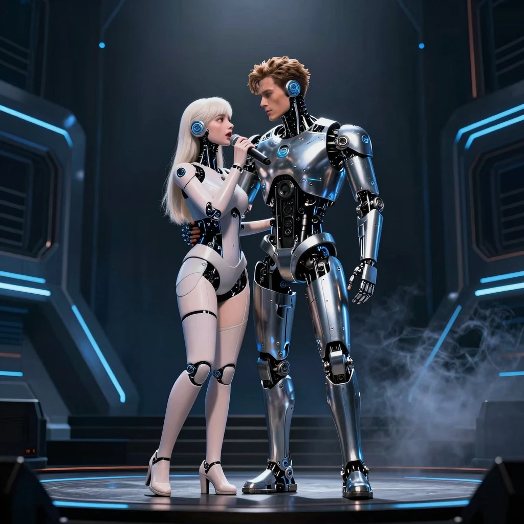 A cinematic shot of a male cyborg and a delicate female andr...