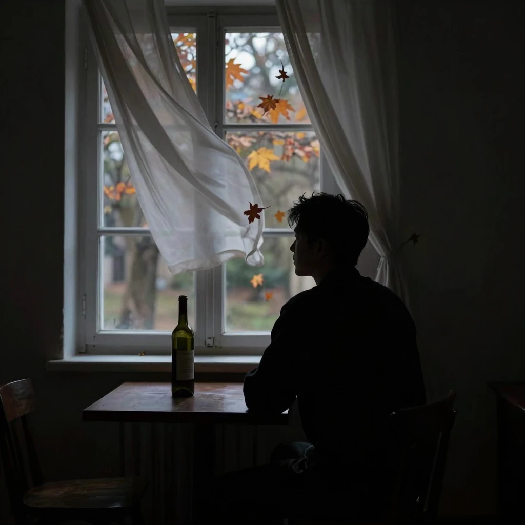 A silhouette of a man sitting by a window in a dark room, a ...