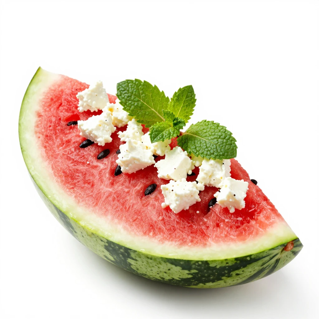 A slice of watermelon topped with crumbled feta cheese and f...