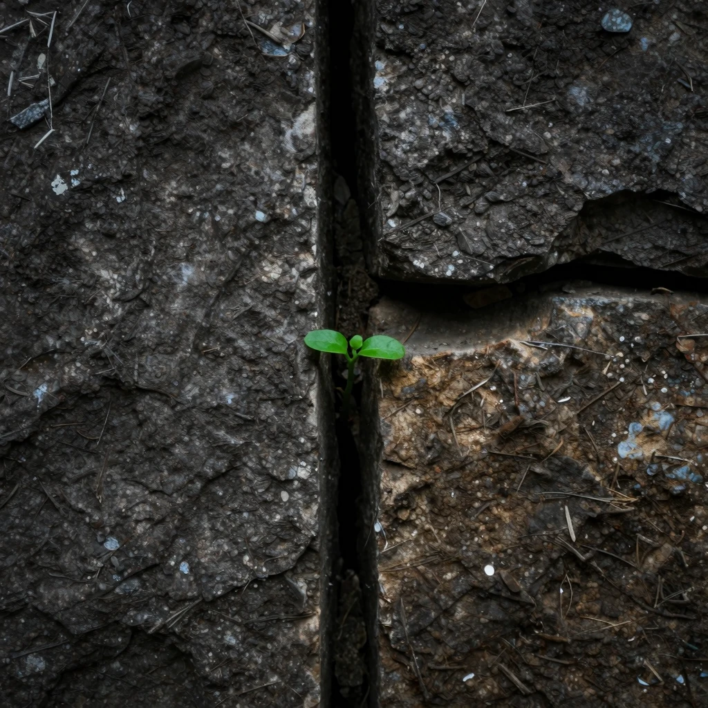 Close-up of a rough stone wall with a single small green spr...