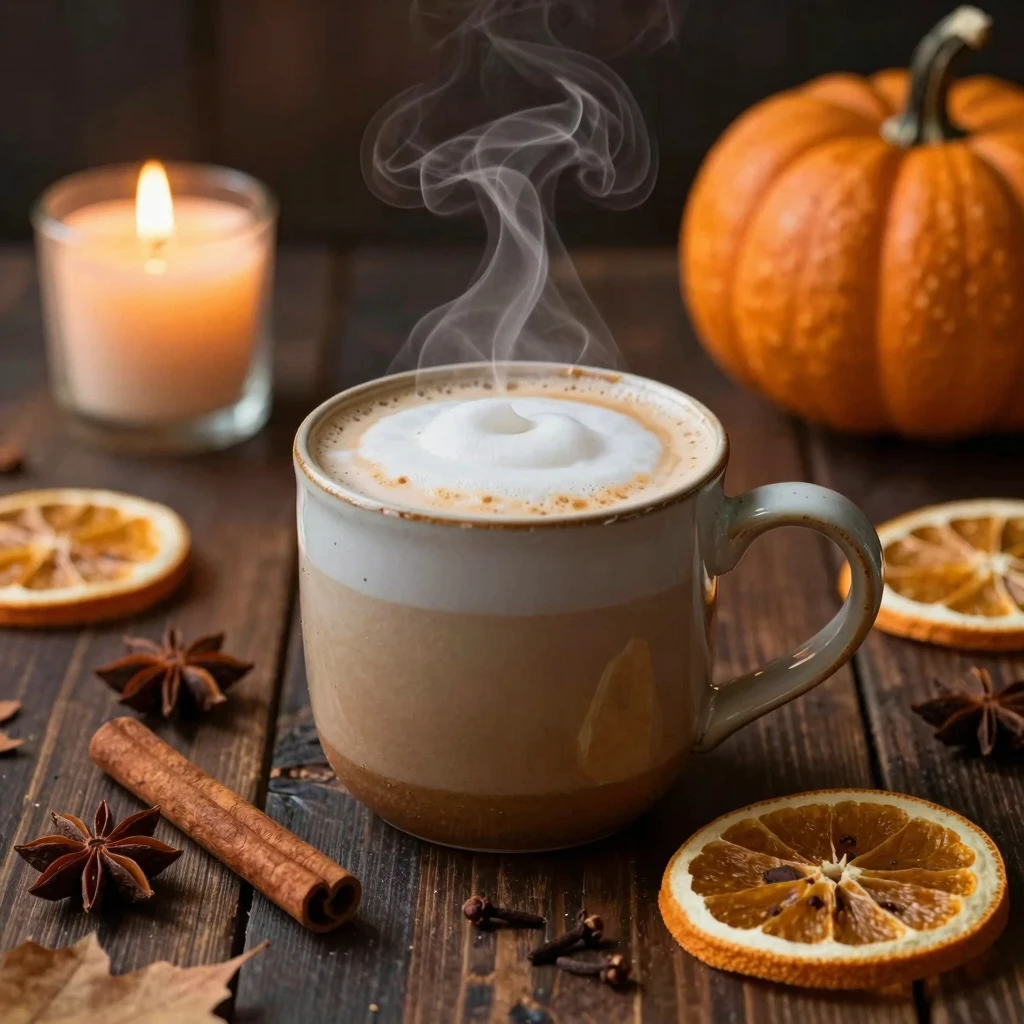 A steaming ceramic mug of pumpkin latte with creamy foam on ...