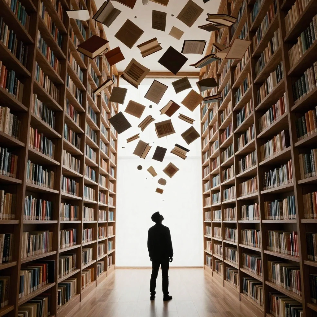 A striking modern artistic depiction of a library interior, ...