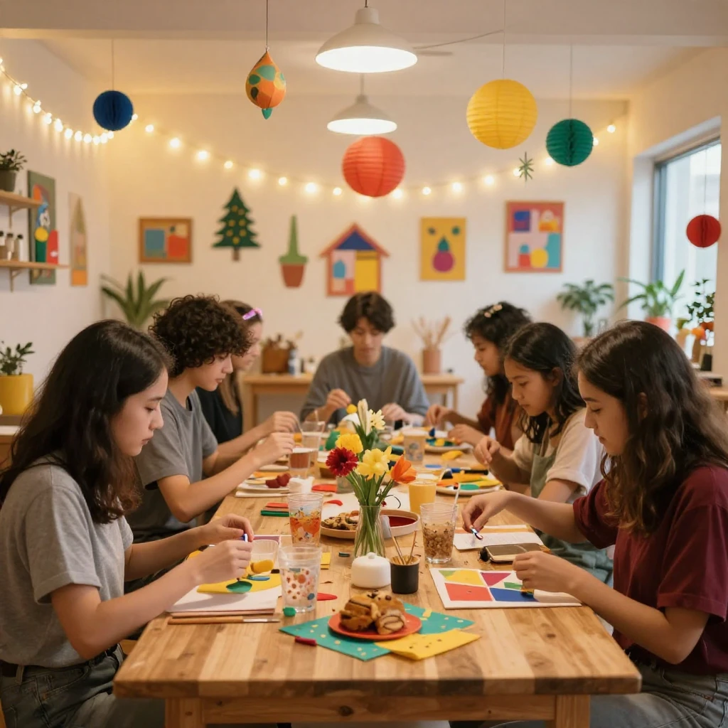 A vibrant and creative DIY party scene in an unconventional ...