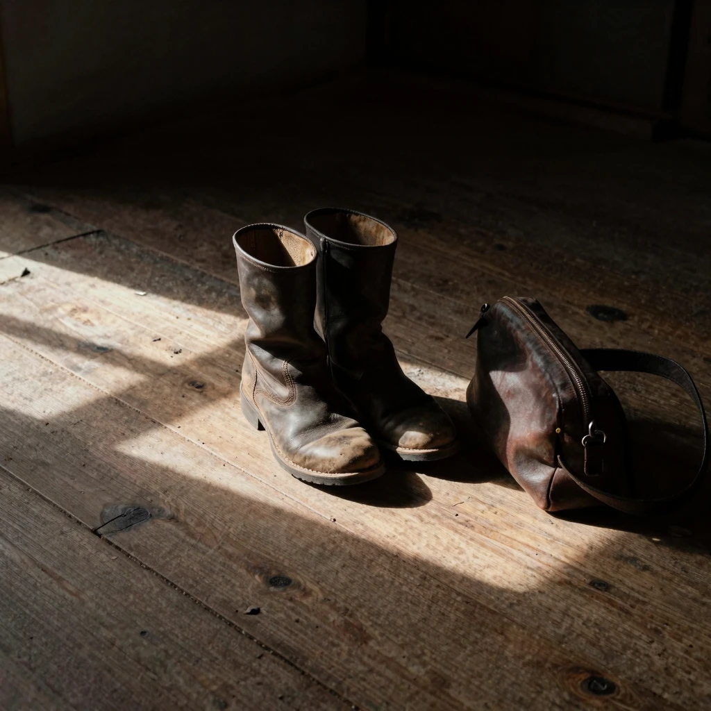 Simple house interior, rough wooden floor, ray of sunlight, ...