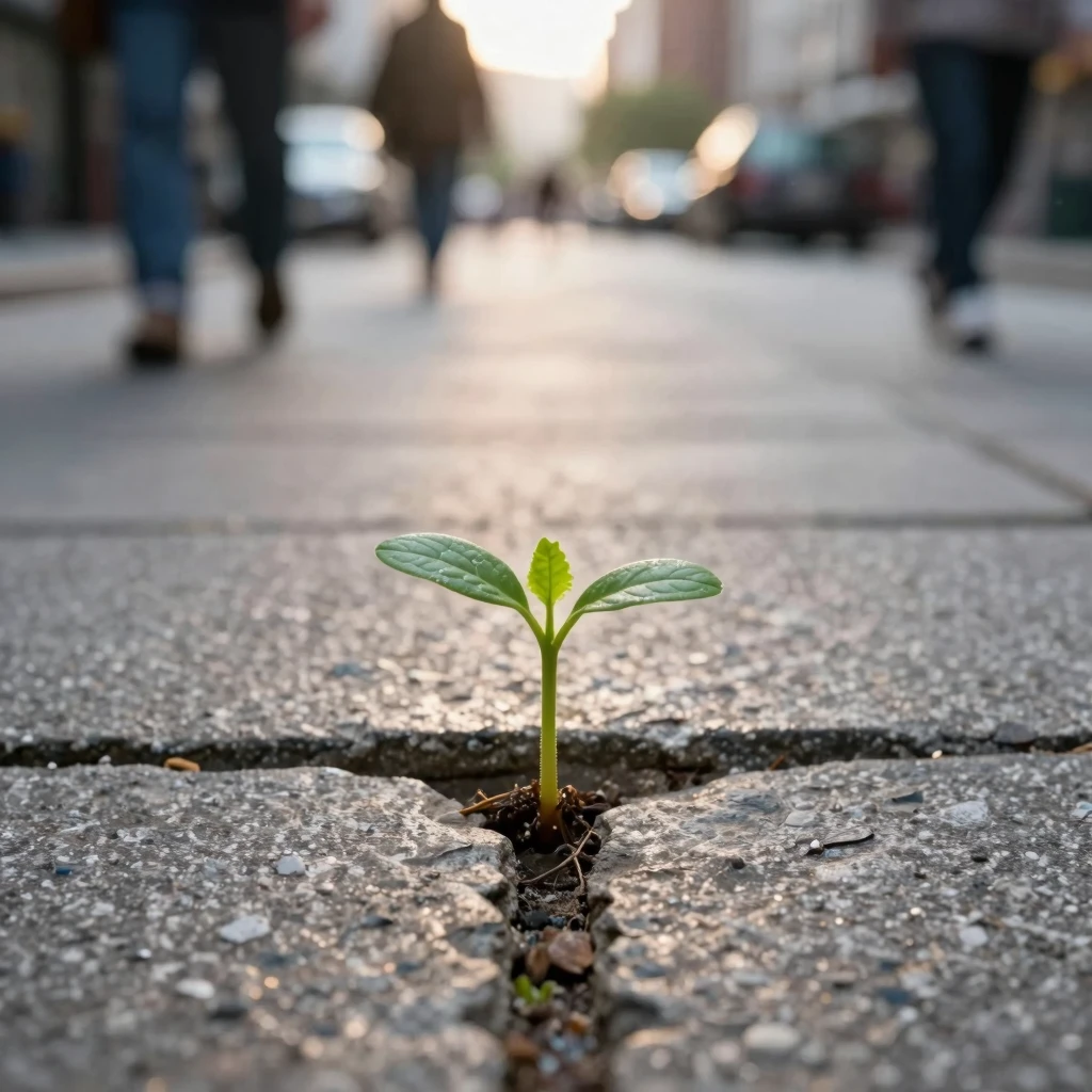 A small, vibrant green sprout growing through a crack in gre...
