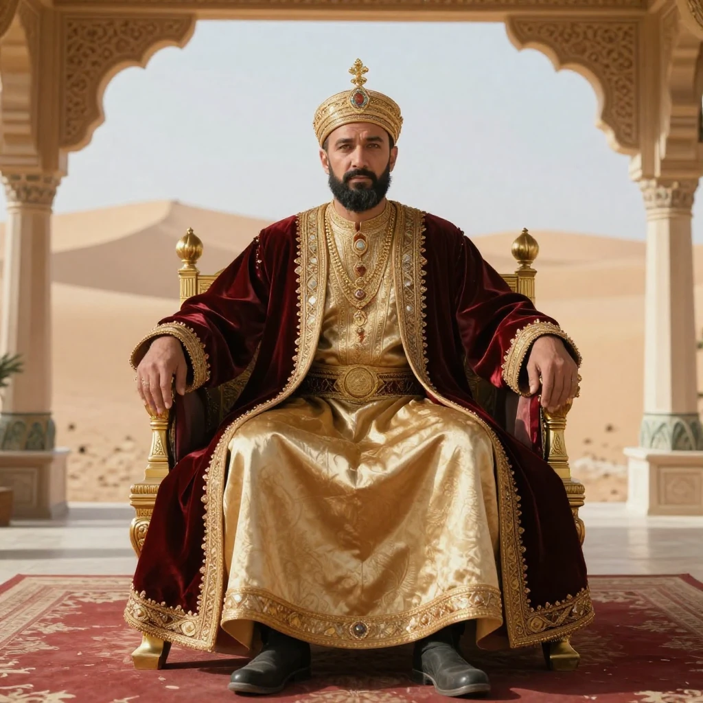 A majestic sultan in traditional opulent attire, seated on a...