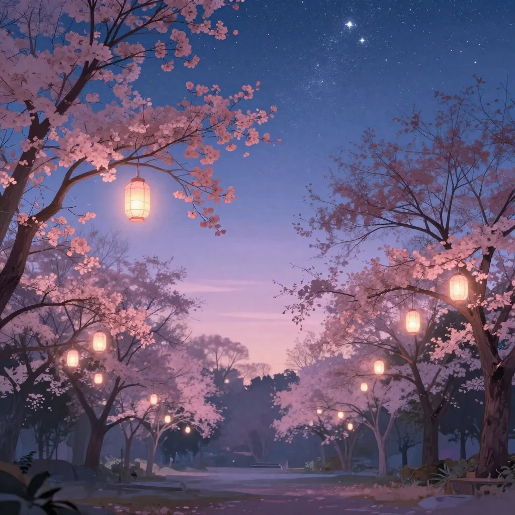 A park at twilight under a starry night sky with soft glowin...