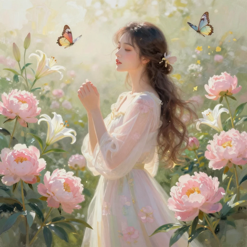 Graceful woman in a spring garden with pink peonies and whit...