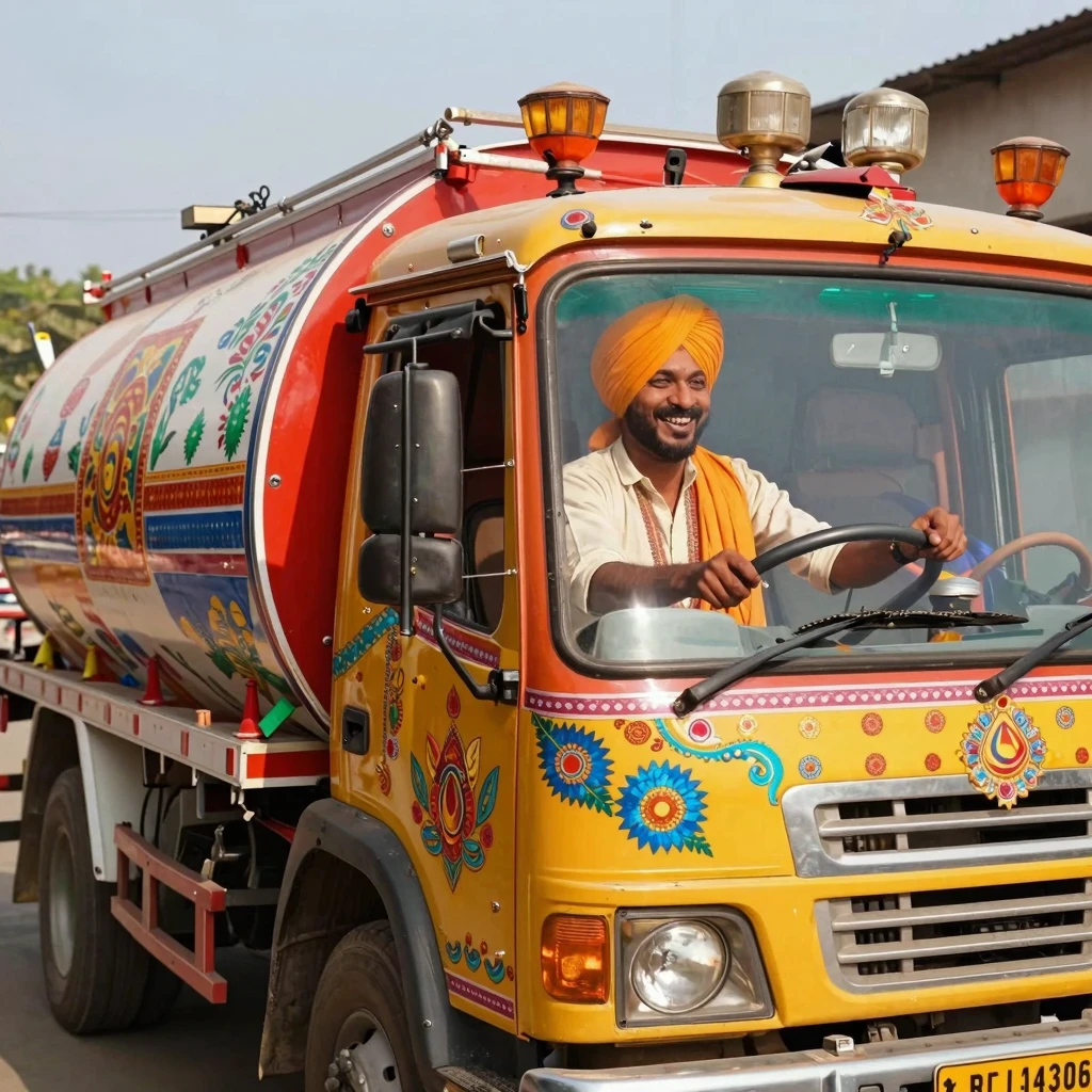 A cheerful Indian truck driver with a bright turban and wide...