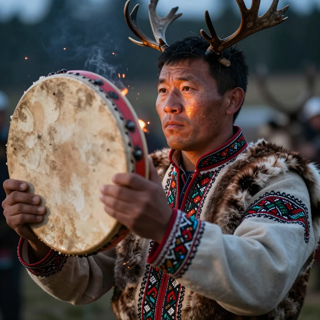 Close-up of a Koryak man in traditional reindeer fur dress w...