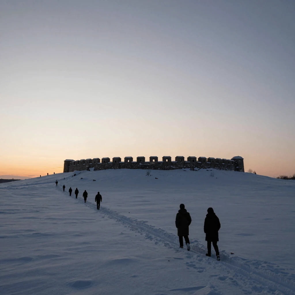 Tiny silhouettes of people walking through deep snow toward ...