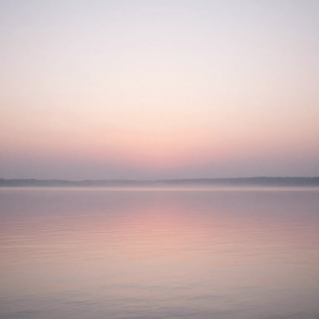 A minimalist landscape with a calm lake reflecting a pastel ...