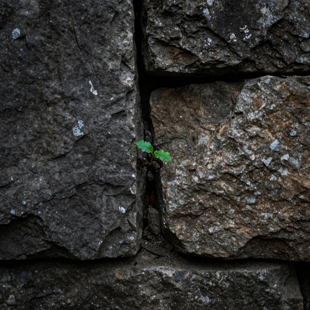 Close-up of a rough stone wall with a single small green spr...