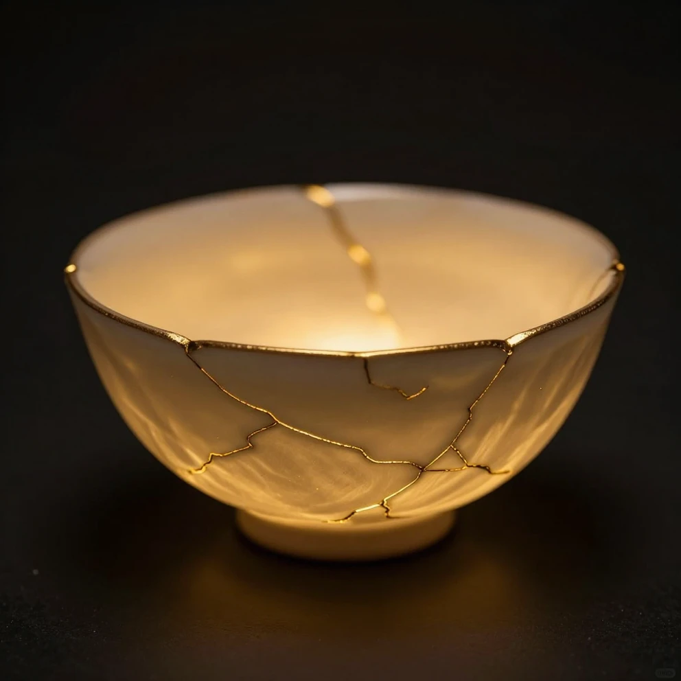 A ceramic bowl with cracks repaired with gold, glowing softl...