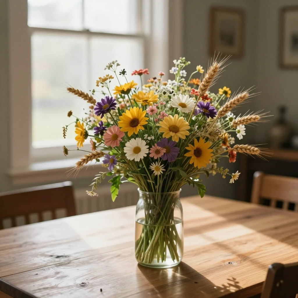 A warm celebration of love with a bouquet of wildflowers and...