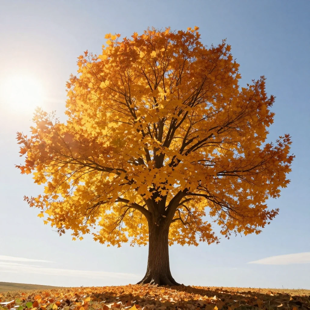 A tall ancient tree on a hill in autumn, golden leaves swirl...