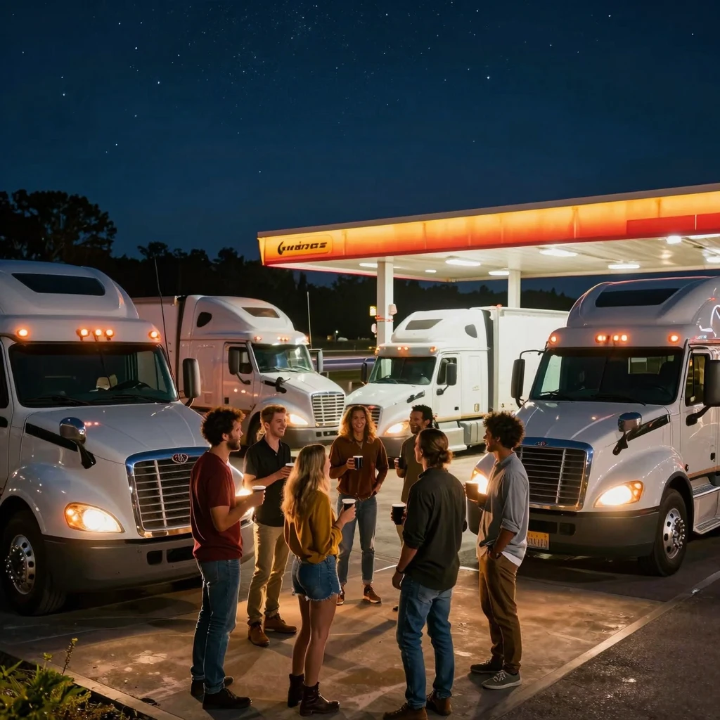 A joyful and vibrant scene at a truck stop at night. Several...
