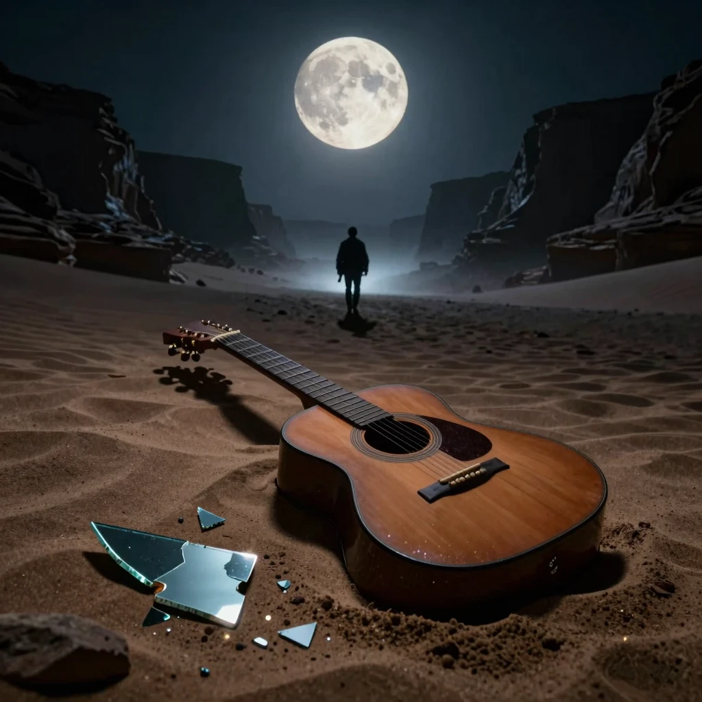 A cinematic scene of a dark desert at night under a giant mo...
