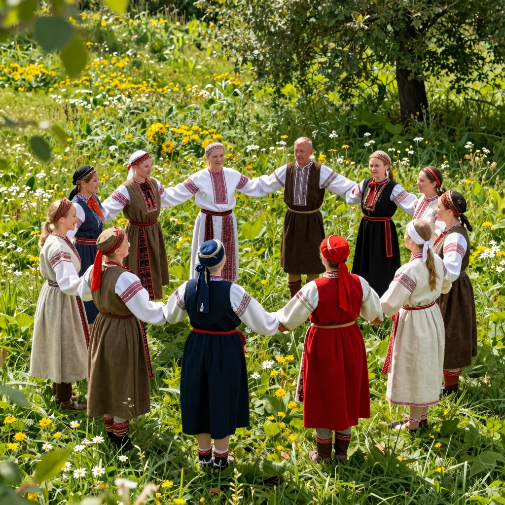 A group of people in traditional ancient Russian clothing da...