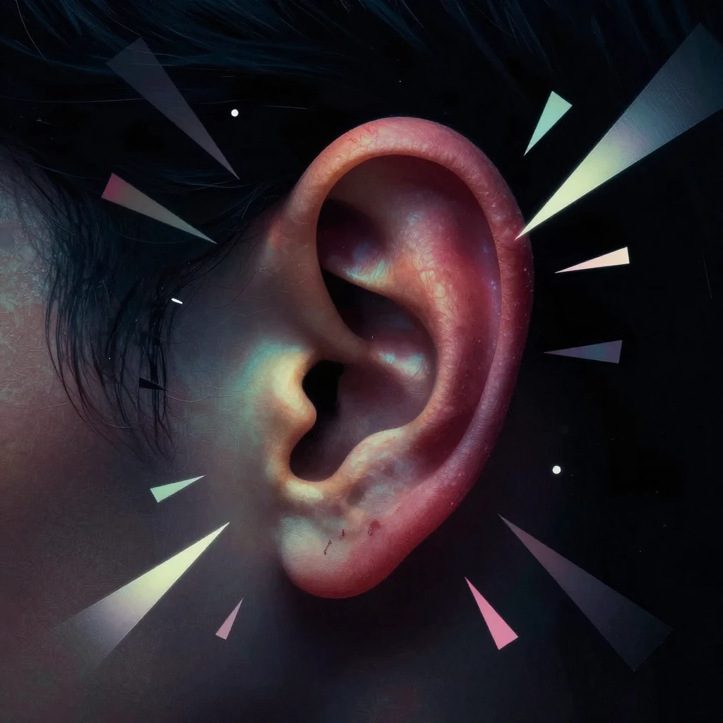 Abstract art of a human ear surrounded by floating whispers ...