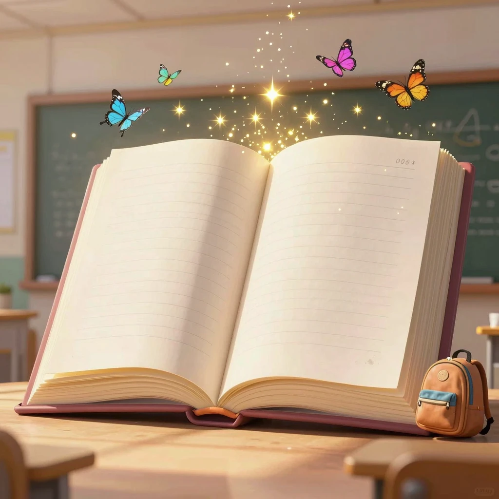 A magical classroom entrance shaped like a giant open book, ...