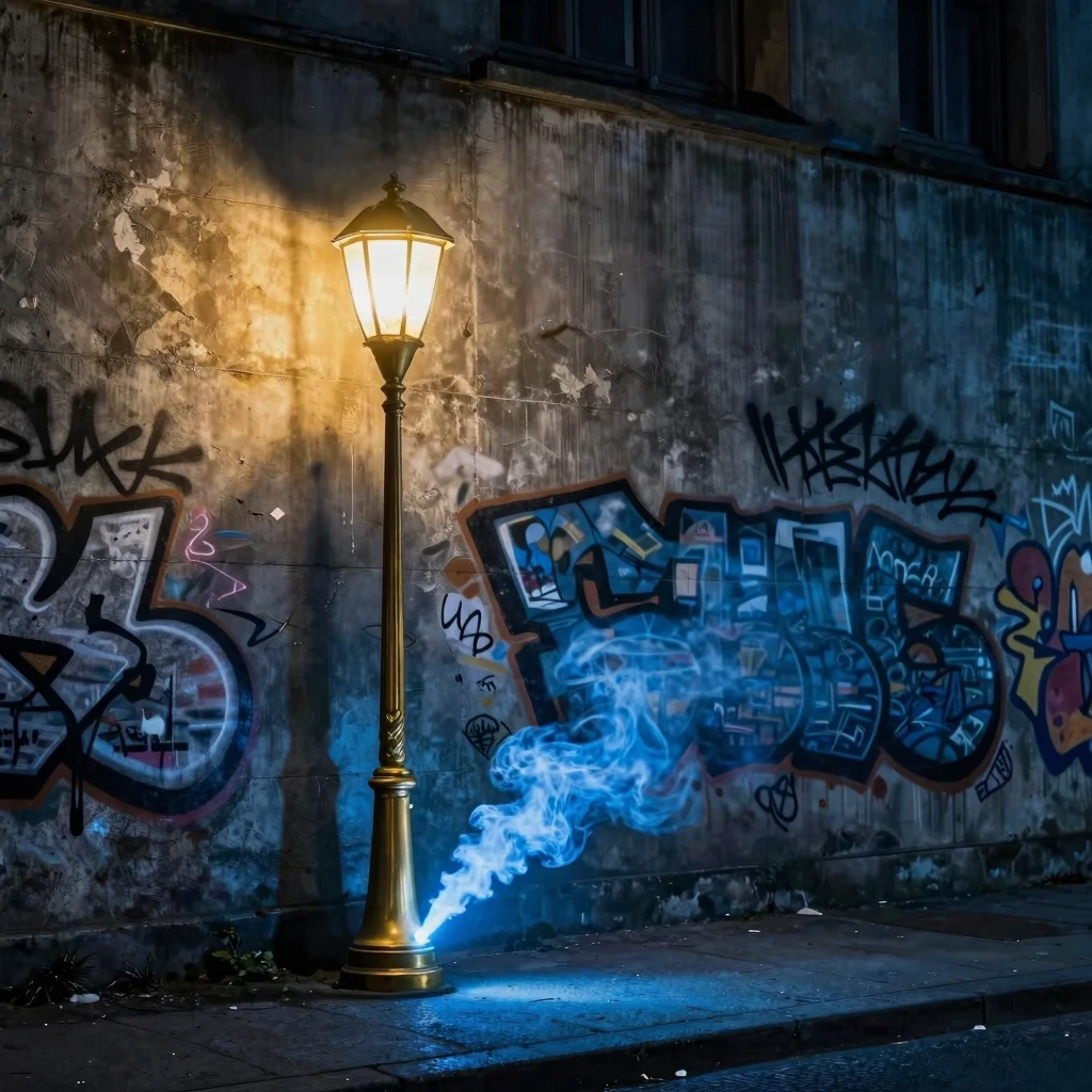A stylized urban scene in Bydgoszcz at night, concrete wall ...