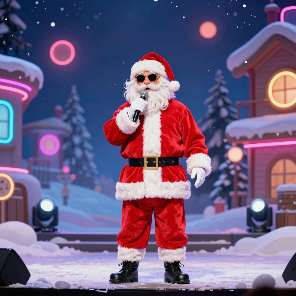 Snowy stage with Santa Claus performer, holding microphone, ...