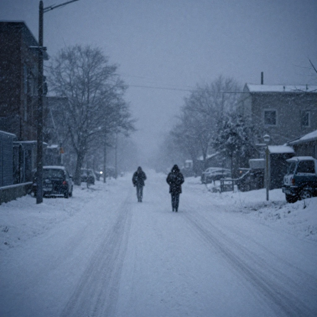Wide shot of a desolate, frozen street in winter, 1996 aesth...