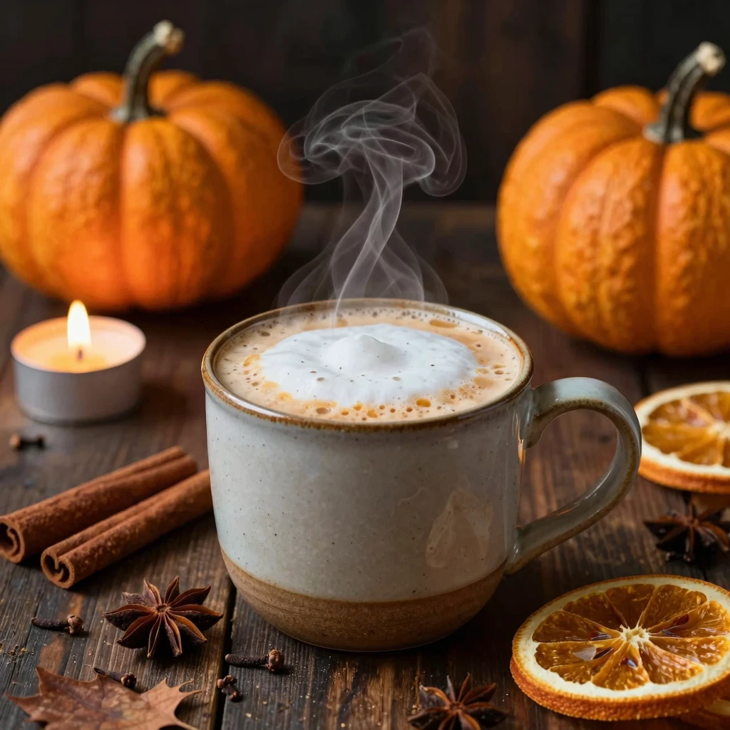 A steaming ceramic mug of pumpkin latte with creamy foam on ...