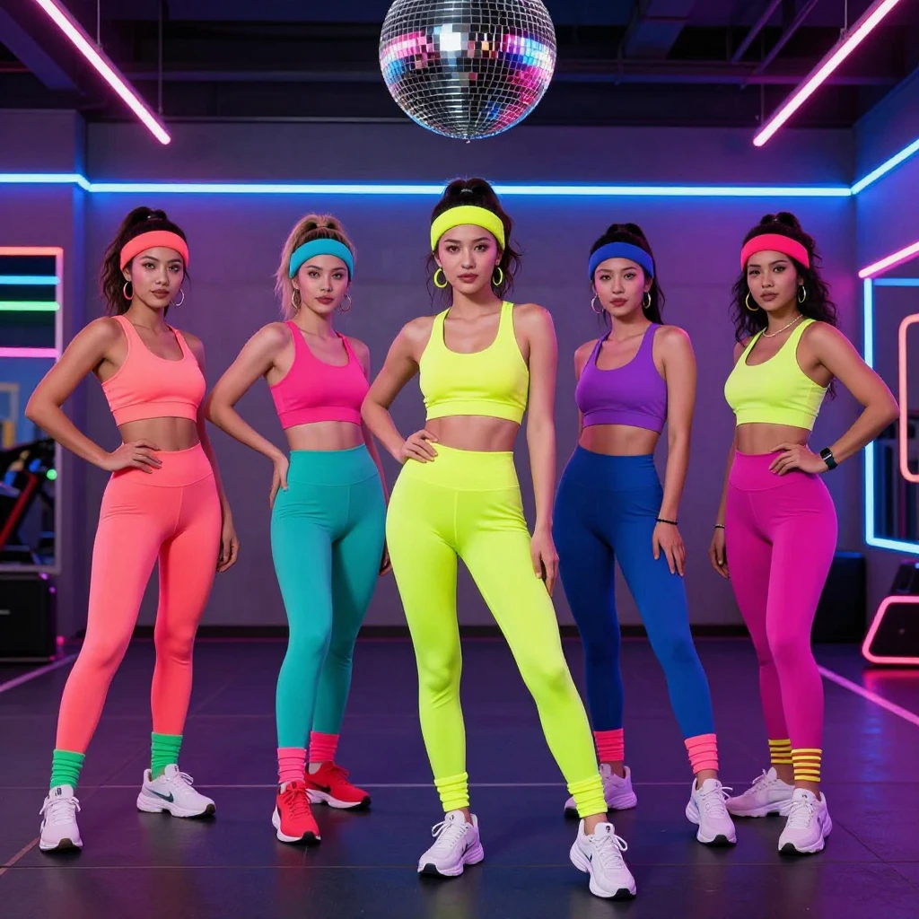 A group of energetic women in bright 80s fitness outfits, ne...