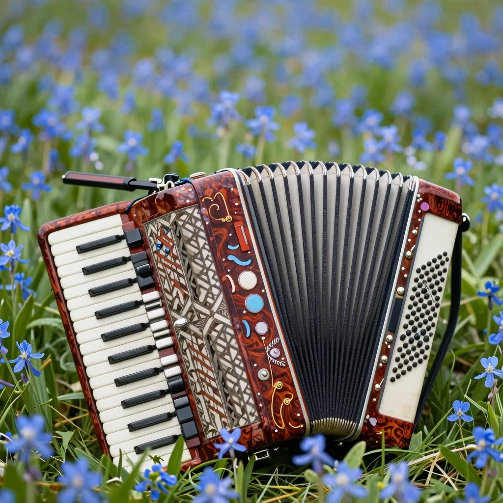 A traditional Russian bayan accordion lying in a field of bl...