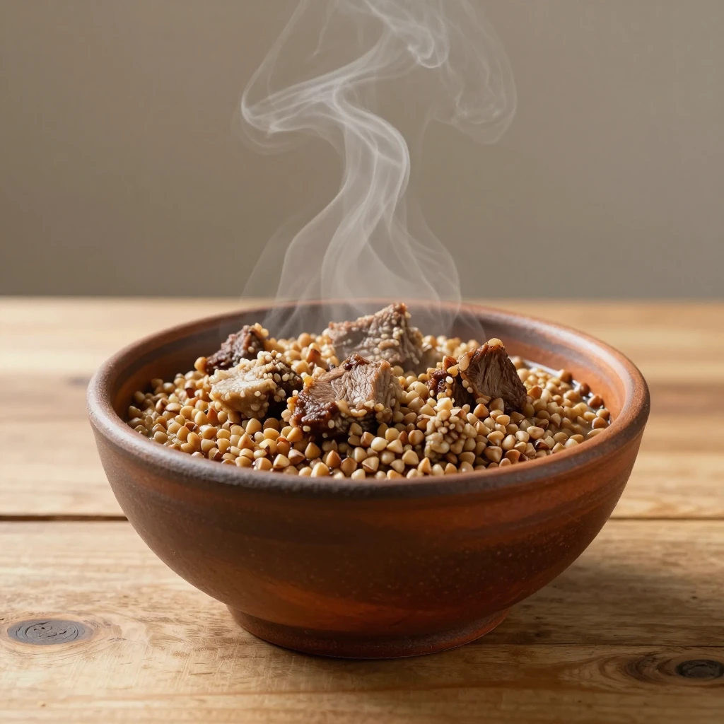 A rustic bowl of buckwheat with meat chunks, steam rising, o...
