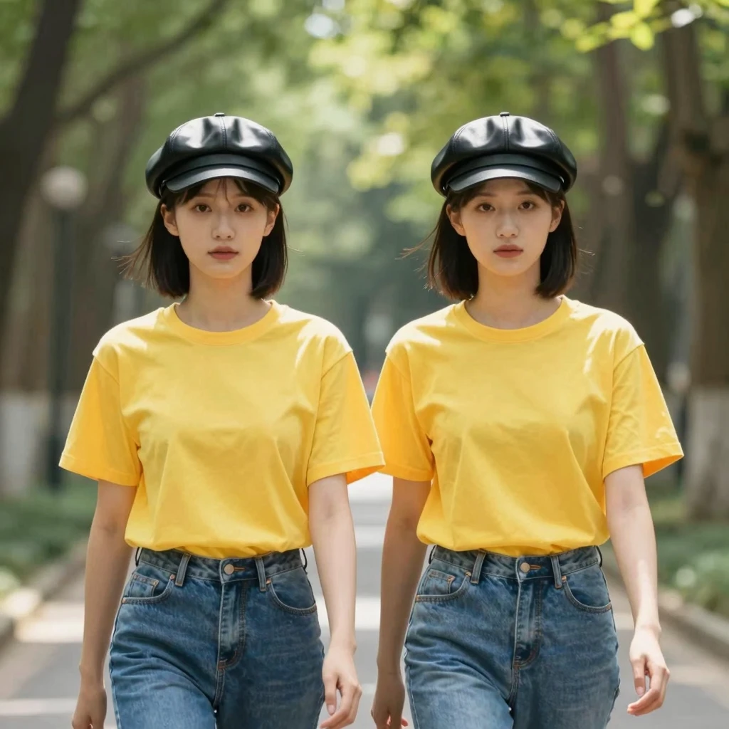 Two young Chinese women with bob haircuts, wearing bright ye...