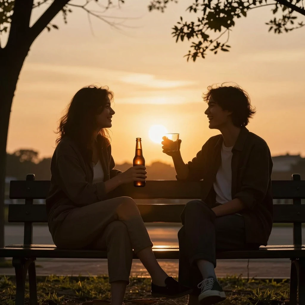 Two friends sitting on a park bench at sunset, silhouettes a...