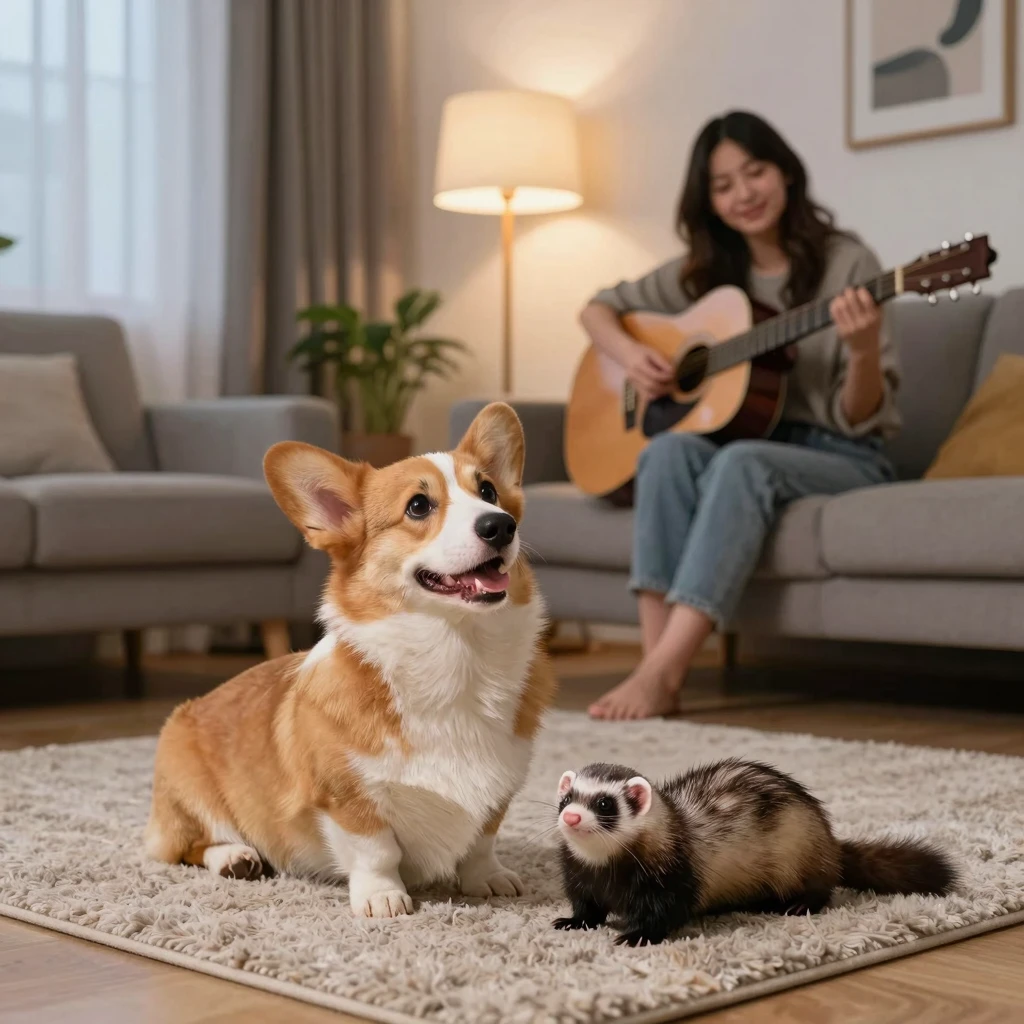 A cute Corgi and a ferret sitting on a rug in a cozy modern ...