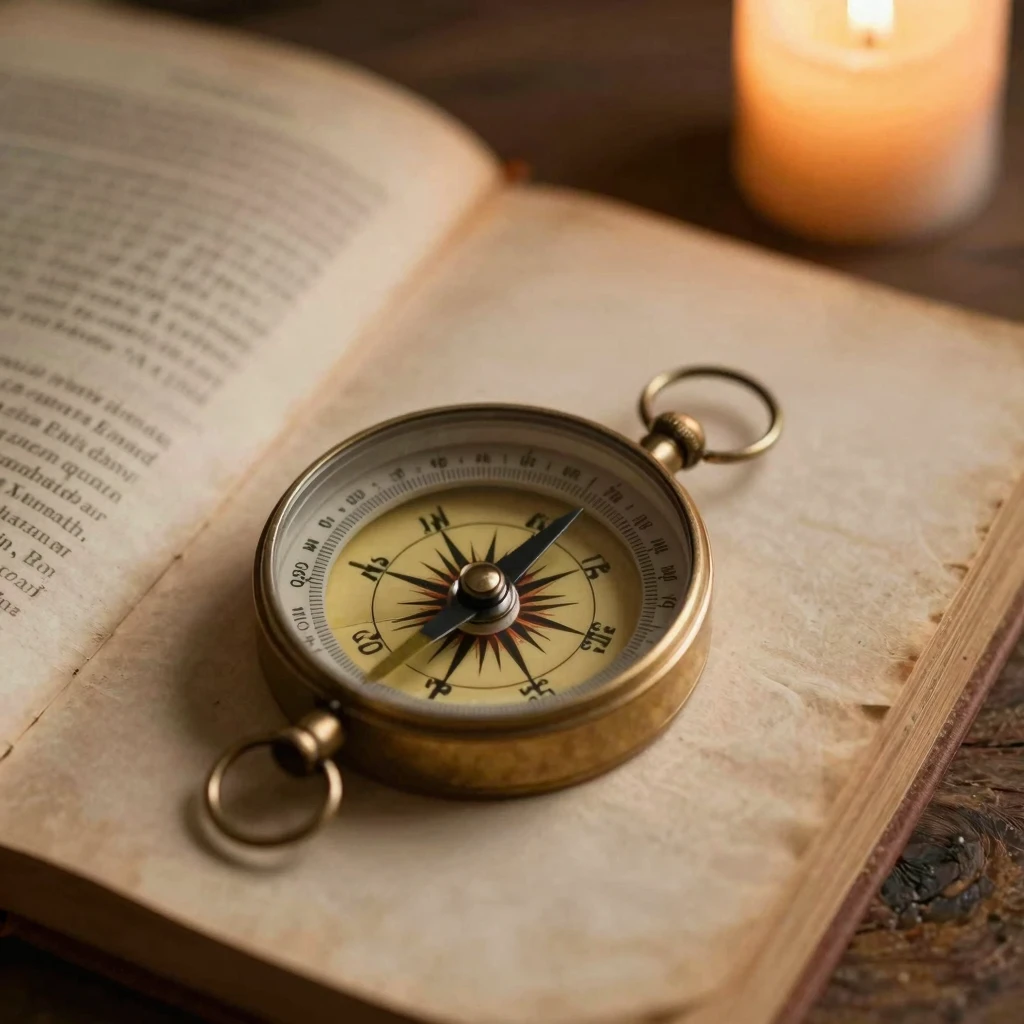 A vintage compass with a wildly spinning needle on an open a...