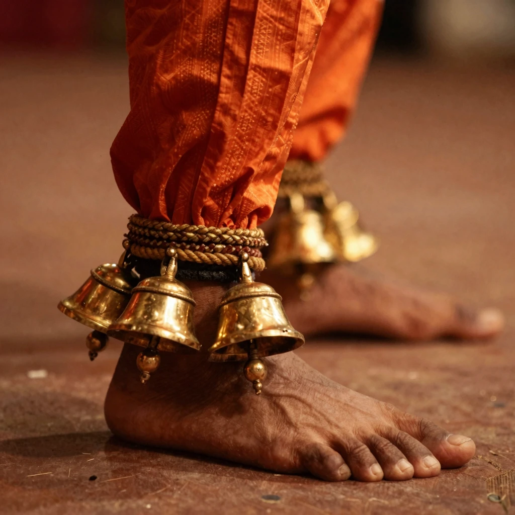 Close-up of traditional Indian ghungroo bells on a dancer's ...