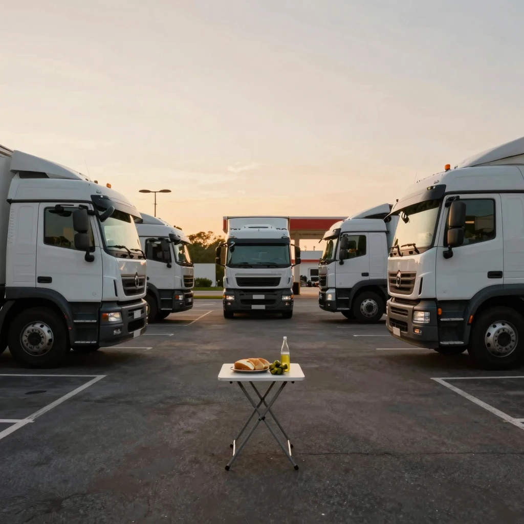 A cozy evening at a truck stop parking lot, several large mo...